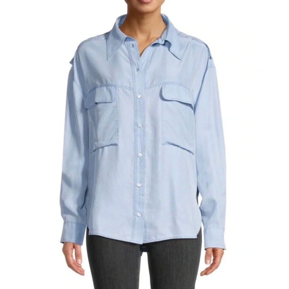 STELLA MCCARTNEY Lina Silk Utility Shirt Light Blue Epaulette Women's Size 46